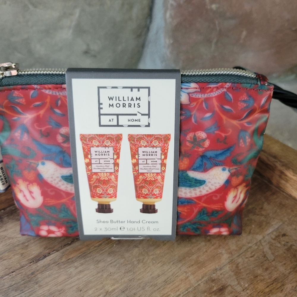 William Morris home cosmetic bag with two small tubes of Shay lotion